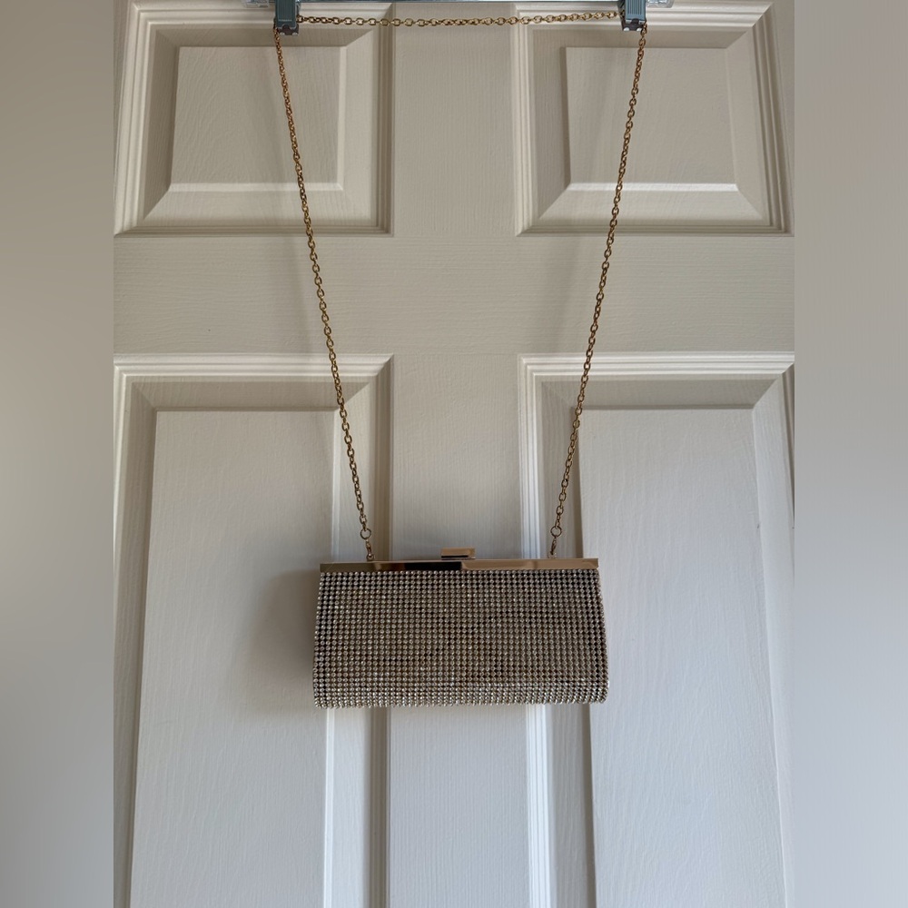 Charming Charlie Goldtone Rhinestone Evening Bag. Clutch or crossbody option. - Picture 2 of 6